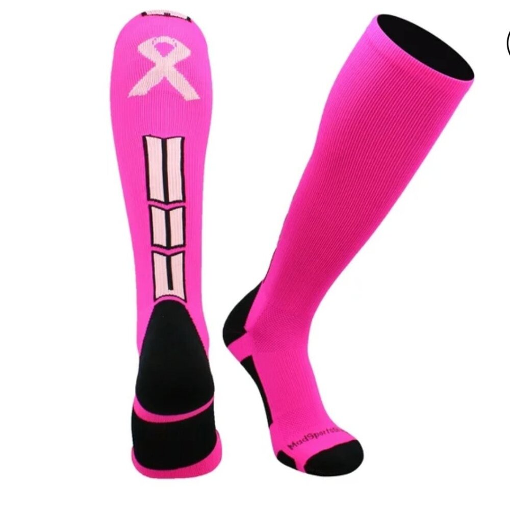 MadSportsStuff, NWOT, Breast Cancer Awareness baseball socks, pink and black.
